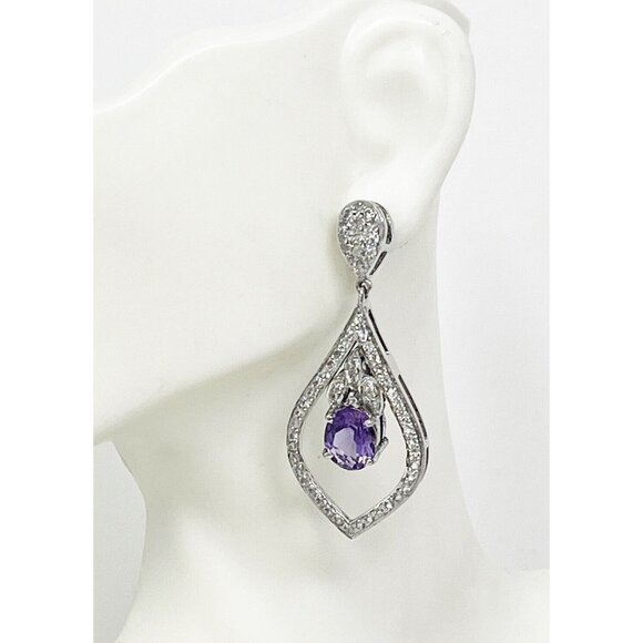 925 Sterling Silver Amethyst & Cubic Zirconia Drop Statement Pierced Earrings - Picture 1 of 8